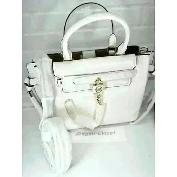 Michael Kors Satchel Hamilton Legacy SM Studded Leather Belted Purse Optic White - Picture 9 of 12